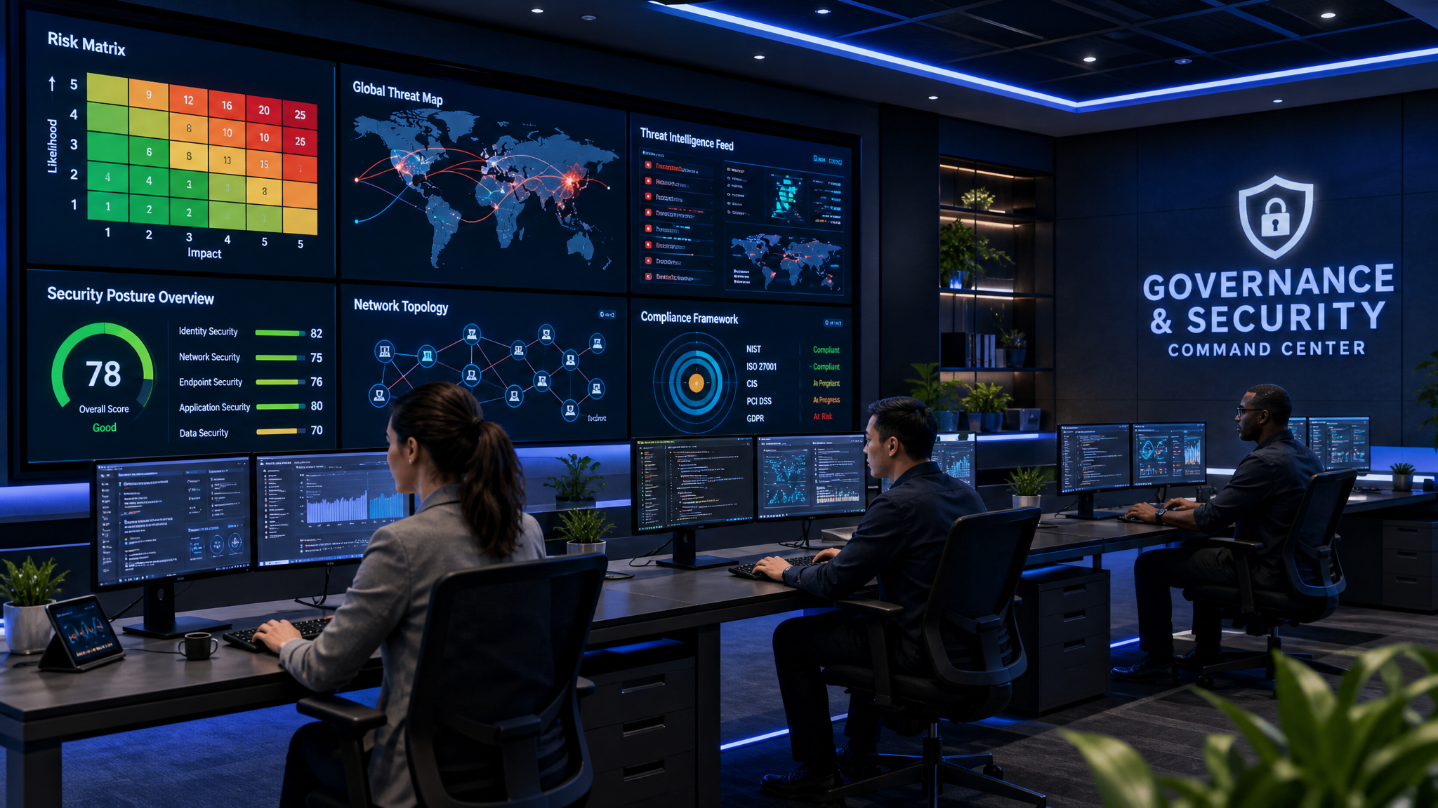 Cybersecurity operations center with analysts monitoring threat dashboards and compliance frameworks